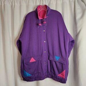 VTG Fashion Bug 90s 2 Reversible Button Up Fleece Jacket Purple Pink‎ Sz Large